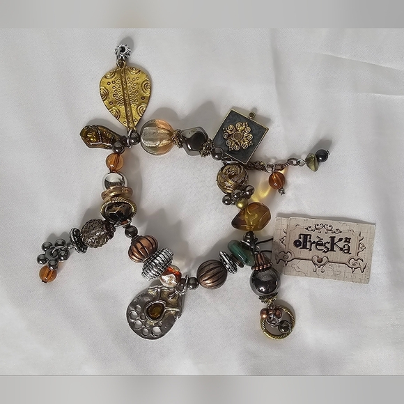 Treska Jewelry - Vintage Treska Beaded Charm Stretch Bracelet -Mixed Metals & Amber Accents Boho